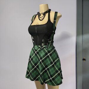 Hot Topic Royal Bones Punk Rock Suspender School Girl Plaid Skirt Green Black